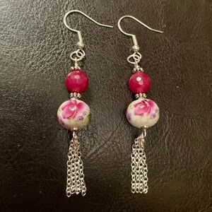 ⭐️2/$10 Faceted Ruby Painted Ceramic Silver Lantern Handcrafted Earrings